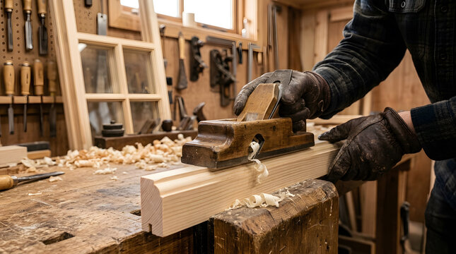 Professional woodworker using a vintage hand plane to smooth a piece of lumber on a traditional wooden workbench in a rustic carpentry workshop 