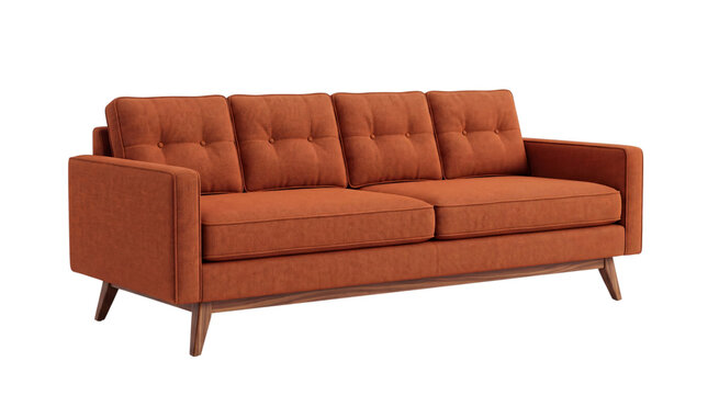 Tufted orange mid-century modern sofa isolated on png transparent background
