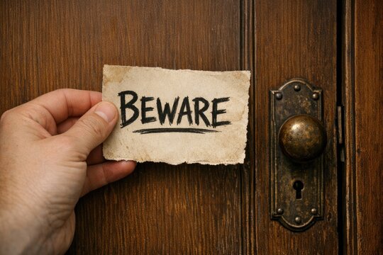 A person holds a paper with the warning message 'Beware'