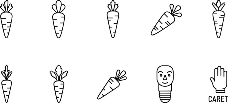 Black and white carrot icons, humorous caret illustration, vegetable line art design variations, creative food artwork, playful graphic resource collection