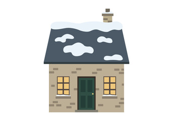 Fototapeta premium Pequeña casa de piedra con tejado nevado chimenea y ventanas iluminadas