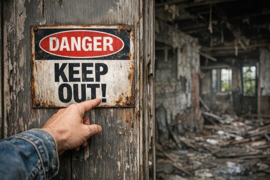 A person is cautioning others not to enter the area marked 'Danger Keep Out'