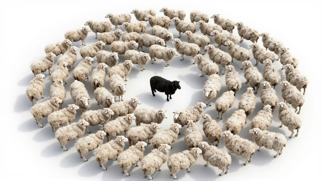 A black sheep stands at the center of a concentric circle pattern made of white sheep. This metaphor depicts leadership and standing out from the crowd