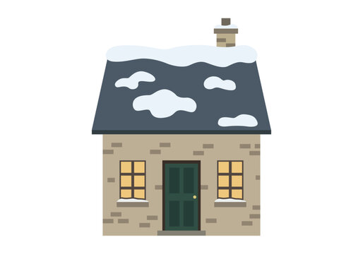 Peque&ntilde;a casa de piedra con tejado nevado chimenea y ventanas iluminadas