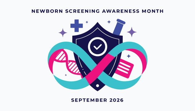 Newborn screening awareness month graphic with medical shield and dna helix