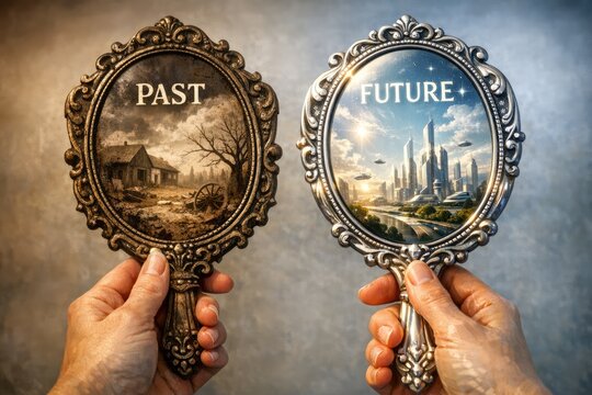 A person holds a mirror with the words 'past' and 'future' written on it