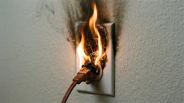 Electrical outlet catching fire with flames and smoke on a wall showing a dangerous short circuit hazard and risk of house damage from faulty wiring equipment in a home or office environment