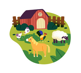 Naklejka premium Farm animals are grazing on barnyard. Barn, fence and happy chickens, sheep, horse in country. Ranch livestock and poultry. Cute homestead fauna. Flat isolated vector illustration on white background