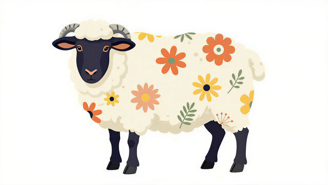 Decorative illustration of a sheep with a floral pattern on its wool. This ram features a black face and curved horn set against a clean white background