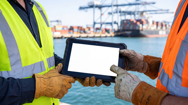 Logistics personnel wearing high visibility safety vests and gloves use a rugged tablet computer for digital cargo management and inventory tracking at a busy international container terminal