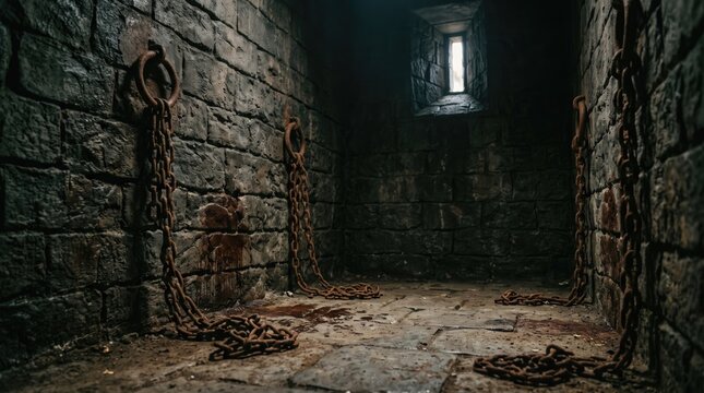 Dark medieval prison dungeon cell with rusty chains hanging on old stone brick walls