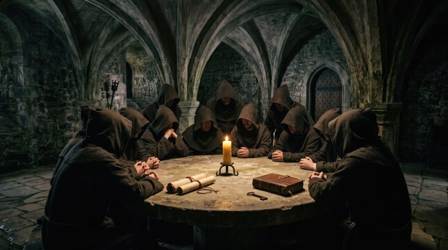 Medieval hooded monks gathered around a wooden table in a stone crypt meeting