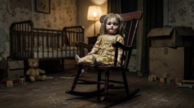 Creepy antique doll sitting in a rocking chair inside an abandoned vintage nursery room