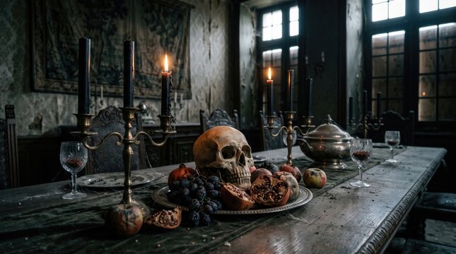 Macabre dinner table setting featuring a human skull, candles, and food inside a dark