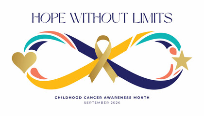 Fototapeta premium Colorful infinity symbol representing childhood cancer awareness with gold ribbon icons