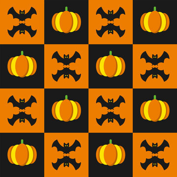 Halloween seamless pattern with holiday symbols. Staggered checkerboard layout with pumpkin, bat icons. Simple geometric style