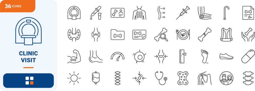 Osteoporosis Clinic Visit line icon set. Vector pictograms of bone health, diagnostic screening, medical treatment, and patient care elements, thin linear illustration.