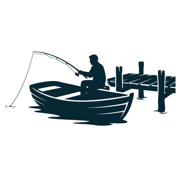 Man sitting in a small boat fishing by a dock in the water