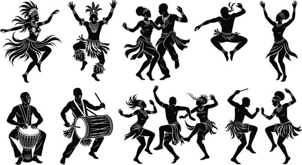Obraz premium Tribal Dance Silhouette Vector Bundle Featuring Traditional Dancers Drummers Cultural Performance and Folk Festival Clipart Collection