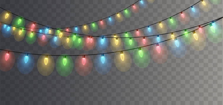 Colorful Glowing Christmas Light Bulbs Hanging on Transparent Background