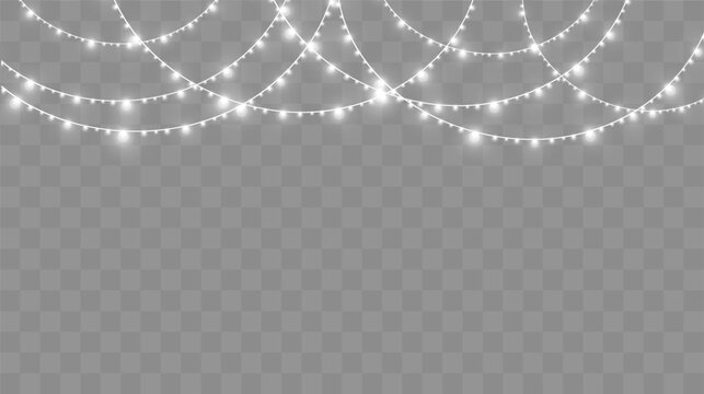Glowing White Christmas Fairy Lights Garland Isolated on Transparent Background