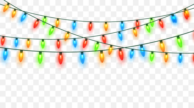 Christmas String Lights with Red, Blue, Green and Yellow Bulbs on Transparent Background