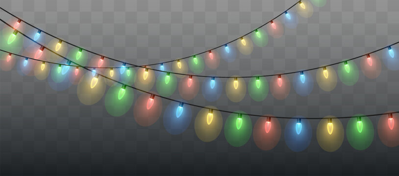 Colorful Christmas String Lights Garland Isolated on Transparent Background