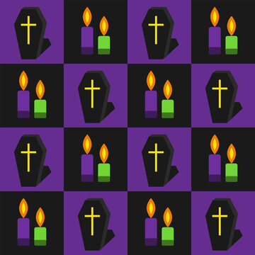 Halloween seamless pattern with upright standing coffin, burning candles. Staggered checkerboard layout. Simple geometric flat style