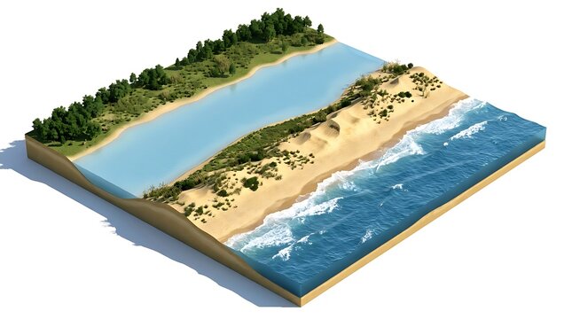 Isolated Isometric 3D Cross Section Illustrating Coastal Beach and River Scene