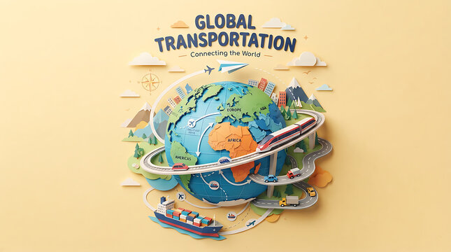 Paper craft globe with airplane flying around the earth showing global travel and tourism concepts on a light yellow background for international trip planning and world exploration themes