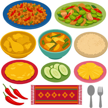 Southern Thai Rice Meal vector illustration collection with khua kling, sataw stir-fry, turmeric chicken, gaeng som bowl