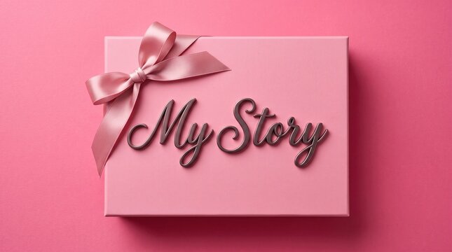 A pink gift box with a satin bow and the words my story written on top