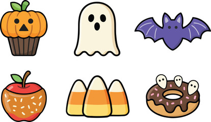 Fototapeta premium Whimsical Halloween treats including a pumpkin cupcake ghost bat candy corn and donut in a playful arrangement on a white background