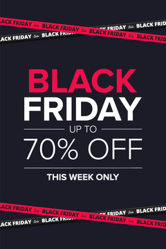 Black Friday 70 Percent Off Sale Poster with Red and Black Tape on Dark Background