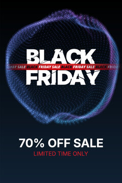 Black Friday 70 Percent Off Sale Poster with Glowing Digital Particle Sphere and Dark Background
