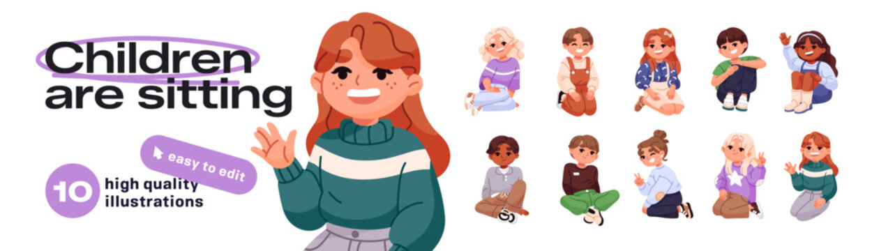Happy children are sitting set. Cute little girls and boys are greeting. Funny kids are hand gesturing, waving and saying Hello. Students sit and welcome. Flat isolated vector illustrations on white