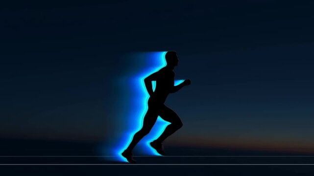 Runner silhouette sprinting with blue motion trails against a dark twilight background