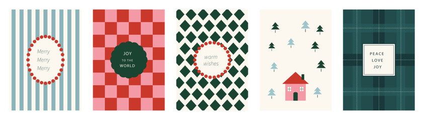 Fototapeta premium Abstract Christmas A4 poster background set with festive shapes, seasonal colors, decorative elements and modern holiday compositions vector collection