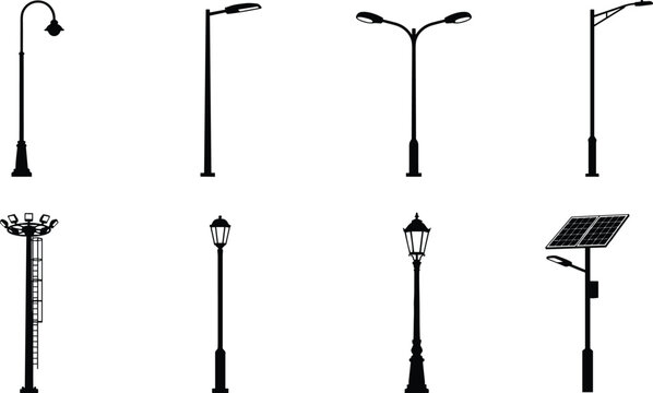 Street Light Pole Silhouette Collection Featuring Modern, Decorative, Floodlight, and Solar Powered Lighting Designs