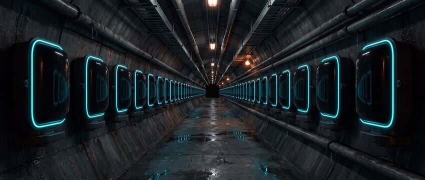 Futuristic underground tunnel featuring rows of glowing cyan blue pod windows along dark metallic walls with wet concrete floor and ceiling pipes for scifi scene.
