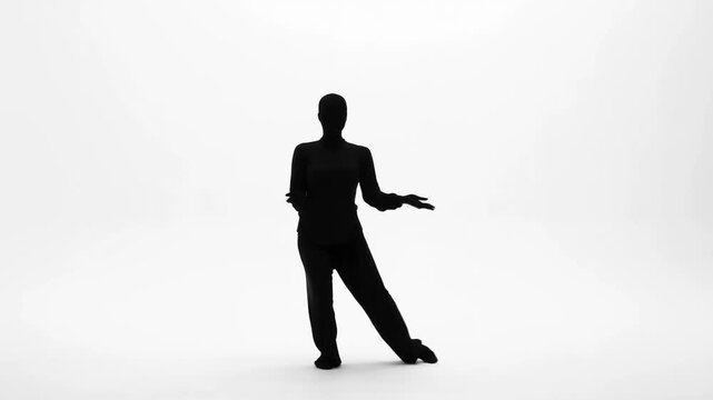 Silhouetted person moving arms in wide stance with motion blur against white background