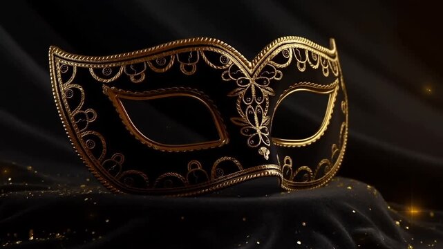 Ornate black and gold masquerade mask resting on draped velvet with scattered glitter