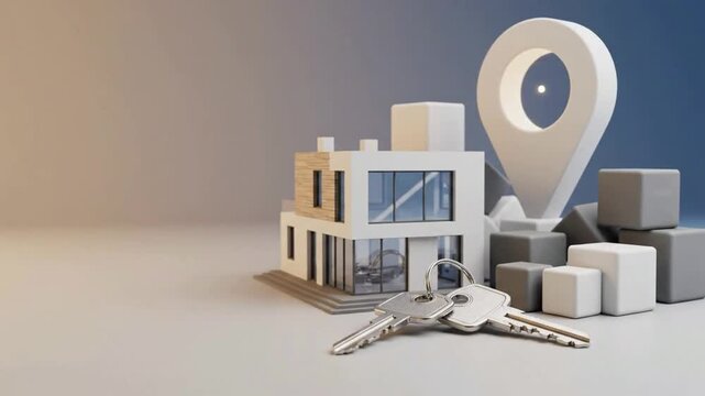 Real Estate Keys with Miniature Model House and Location Pin Icon