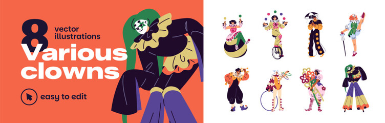 Fototapeta premium Different clowns set. Circus show characters in carnival costumes. Funny jesters with hoop, unicycle, balloons and balls. Harlequins and juggling jokers. Flat isolated vector illustrations on white