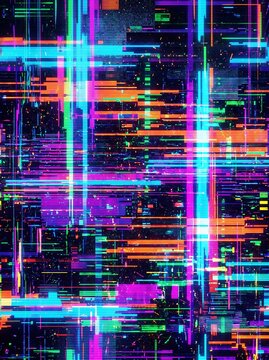 Vibrant neon glitch art background in a potrait orientation featuring colorful digital distortion for creative design overlays, tech event posters, and mobile wallpaper backgrounds.