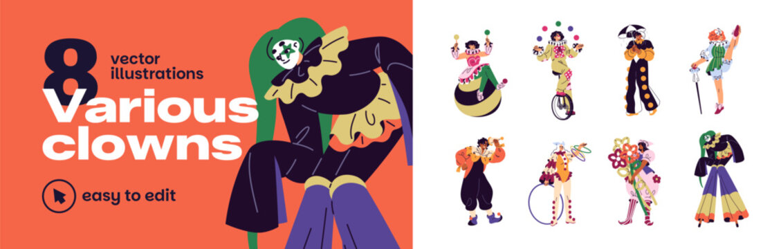 Different clowns set. Circus show characters in carnival costumes. Funny jesters with hoop, unicycle, balloons and balls. Harlequins and juggling jokers. Flat isolated vector illustrations on white