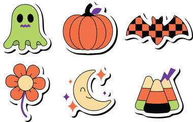 Fototapeta premium Happy Halloween icons of a ghost pumpkin bat flower moon and candy corn with a whimsical retro style