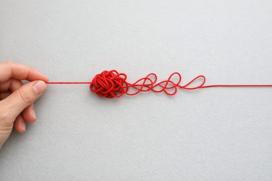 A person holds a red string with a distinctive knot, potentially symbolizing connection or unity