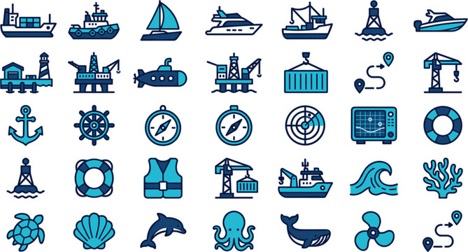 Set of maritime, nautical, marine life, and shipping industry icons