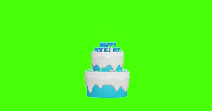 Birthday cake on green monochrome backgraund. 3d render video. 